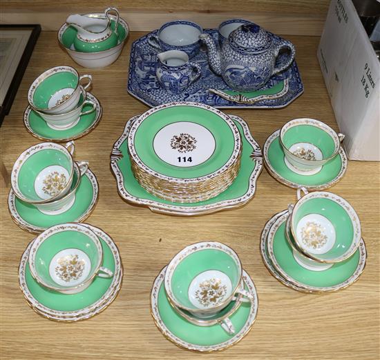 A green gilt tea set and some Adams blue and white china